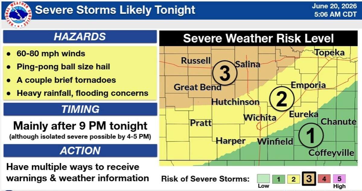 National Weather Service map of possible storms for the night of June 20.
