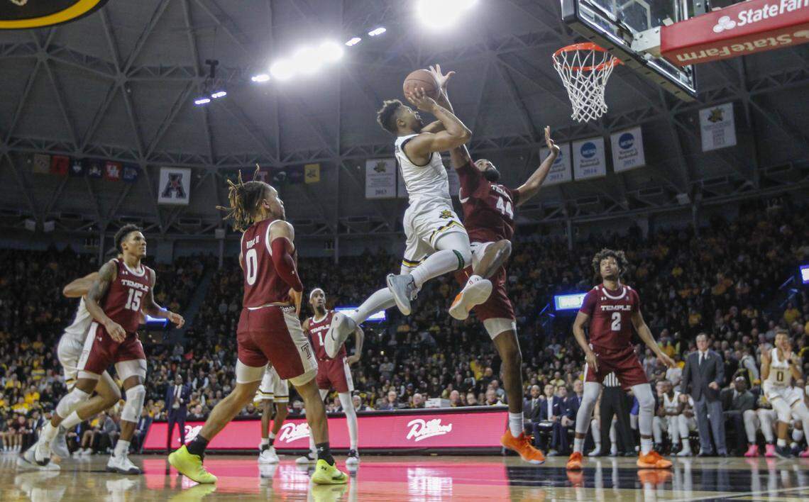 Wichita State’s Tyson Etienne goes up for a shot during the second half of their game against Temple at Koch Arena on Thursday.