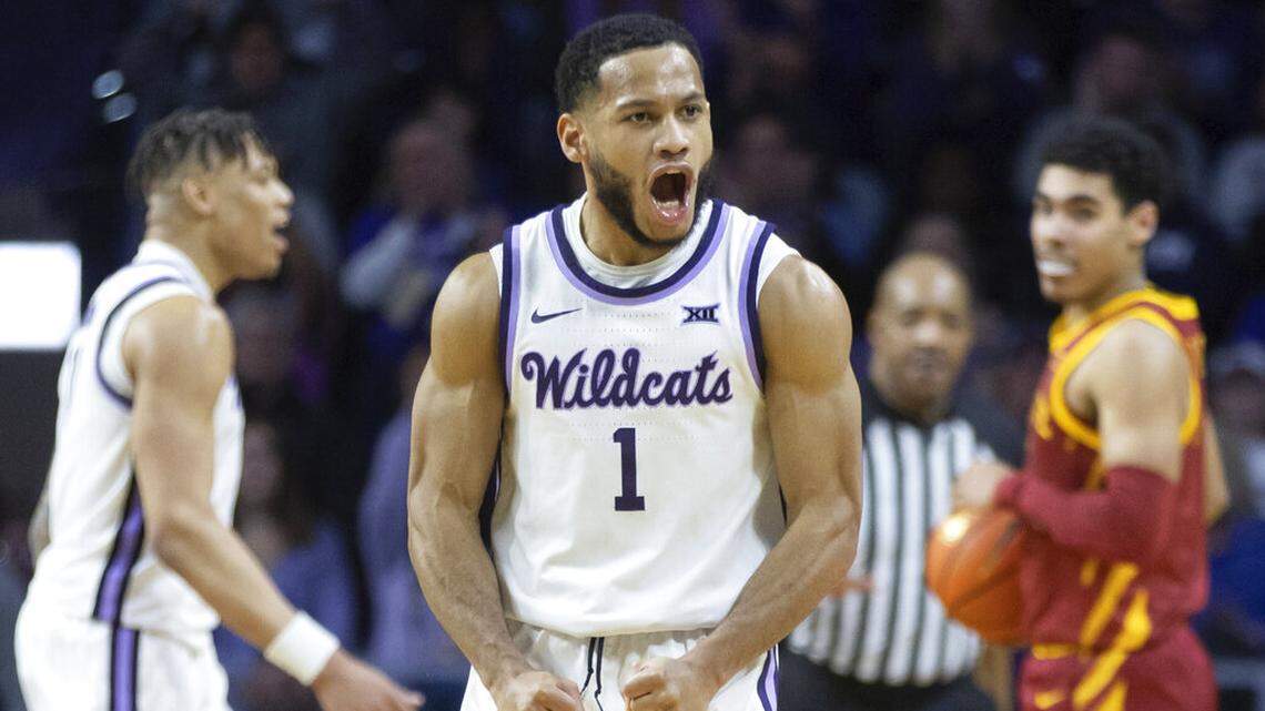 Kansas State’s Markquis Nowell celebrates a defensive stop against Iowa State during the second half Saturday, Feb. 18, 2023, in Manhattan, Kan.