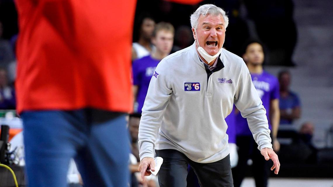 K-State coach Bruce Weber screamed instructions to his team during Saturday’s Big 12 Conference game at Bramlage Coliseum. KU came back to beat Kansas State, 78-75.