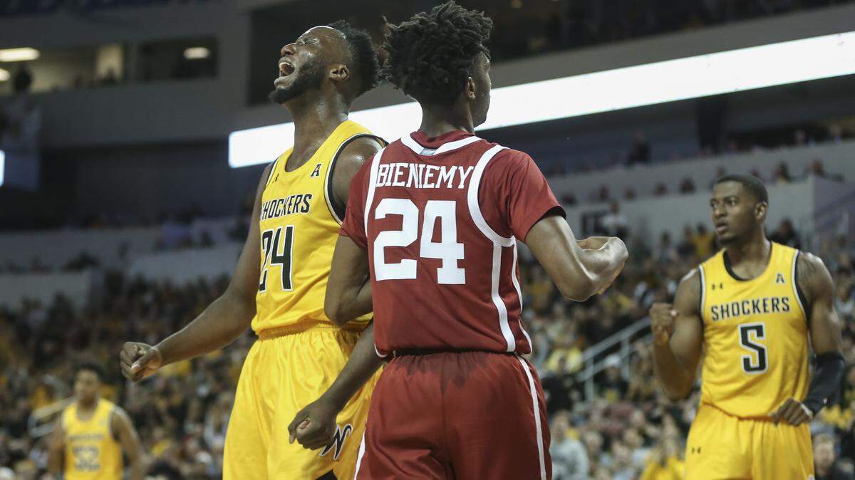 Wichita State’s Morris Udeze reacts after hitting a shot and getting fouled during the second half of a Dec. 2019 game against Oklahoma at Intrust Bank Arena.