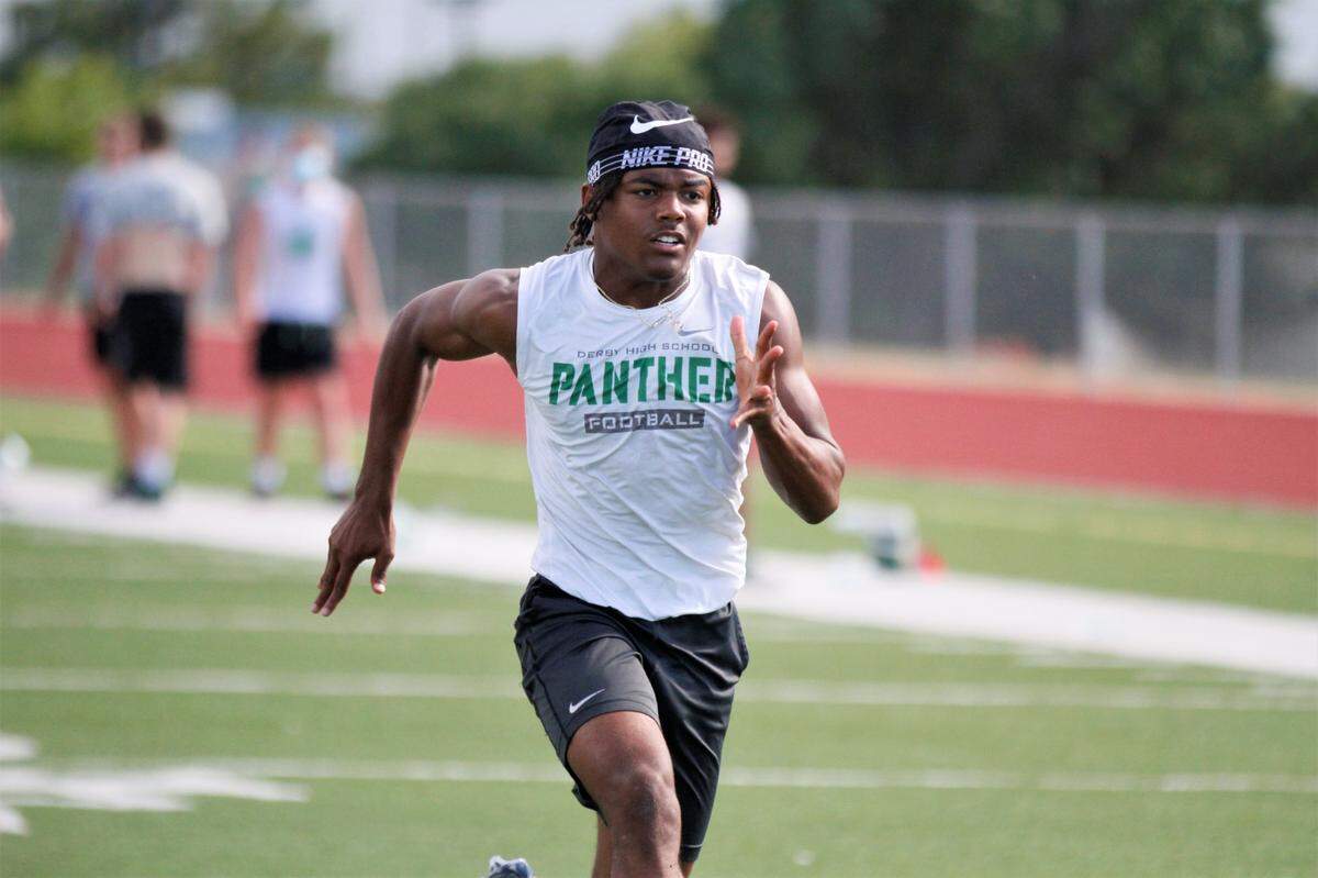 Derby’s Dylan Edwards running the 40-yard dash at a Sharp Performance combine.