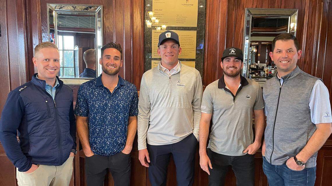 Former Wichita State basketball star Ron Baker (center) and his friends are looking to help raise money for the city junior golf program. From left to right: Jake Kuhlman, Casey Holt, Baker, Eddie Fahnestock and Dustin Mercado.