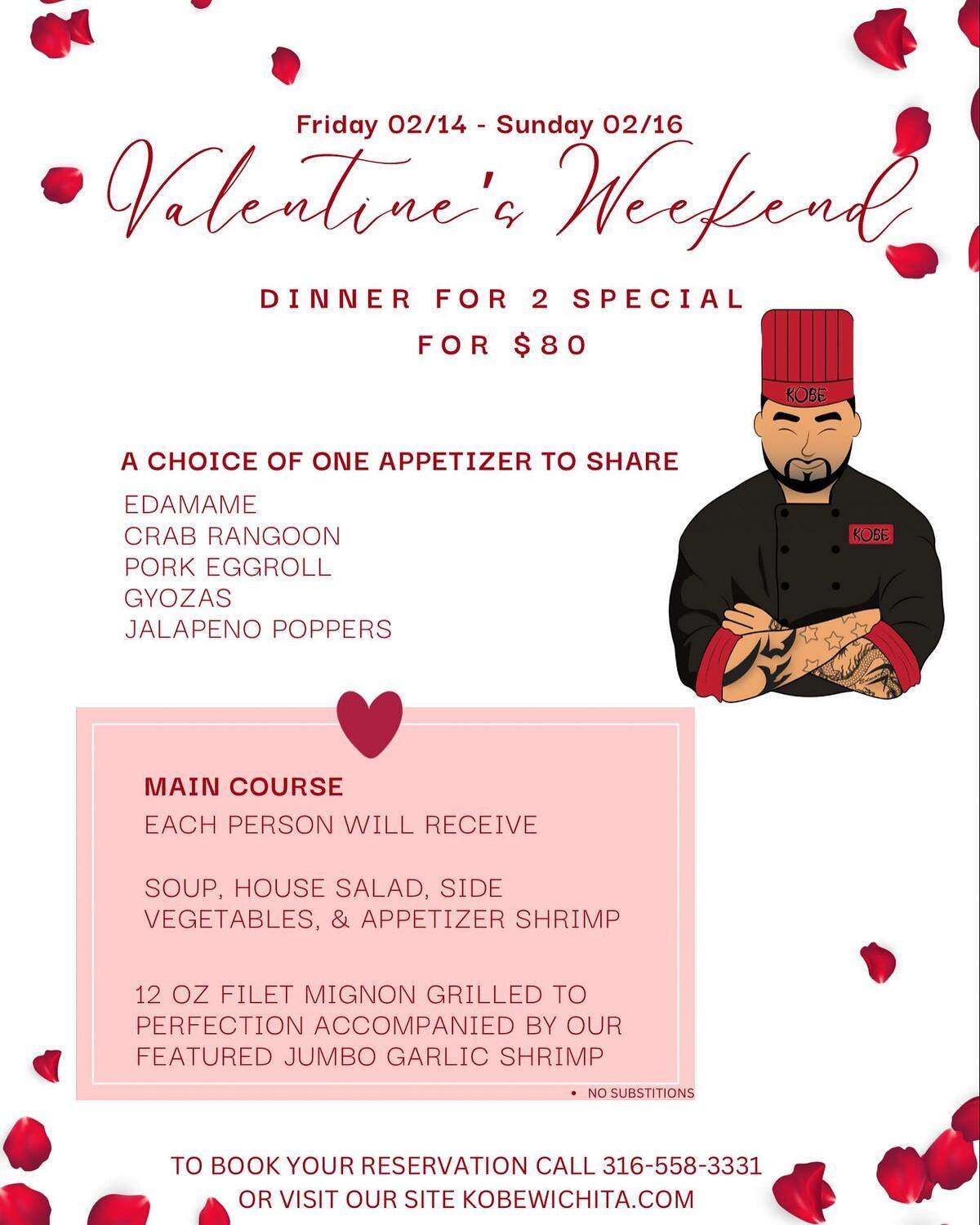 Wichita’s Kobe Japanese Steakhouse is offering a Valentine’s Day weekend special