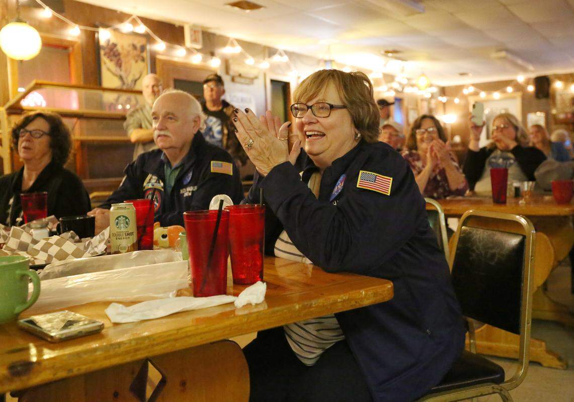 Roxanne Mann cheers as she watches the launch of a Russian Soyuz rocket carrying her nephew Nick Hague early Thursday morning.  Hague, from Kansas, was on the Soyuz MS10 that went into a ballistic re-entry mode a little bit after its launch around 3:40 a.m. Central Time.(October 11, 2018)
