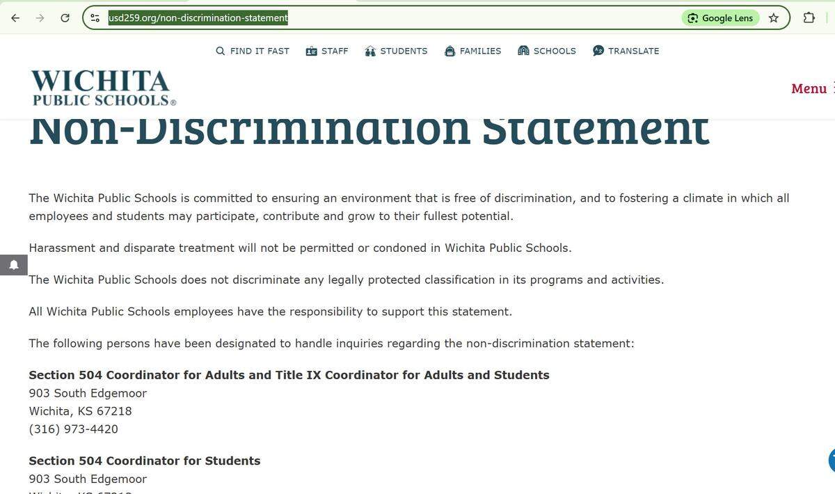 AFTER: A revised non-discrimination statement from Wichita Public Schools shown on March 6, 2025, had removed a number of protected classifications.