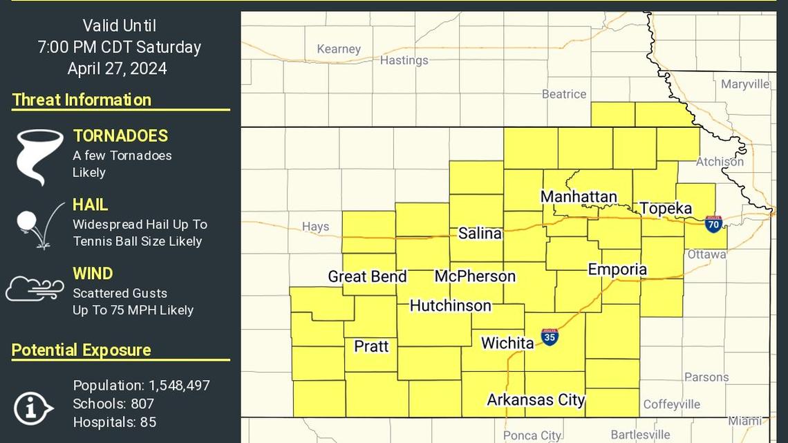 The National Weather Service in Wichita has put a large area of Kansas, including Wichita, under a tornado watch.