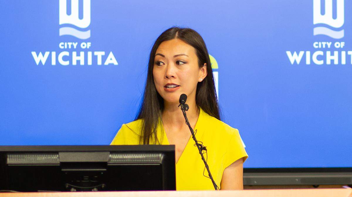 Wichita Mayor Lily Wu speaks at a media briefing in June.