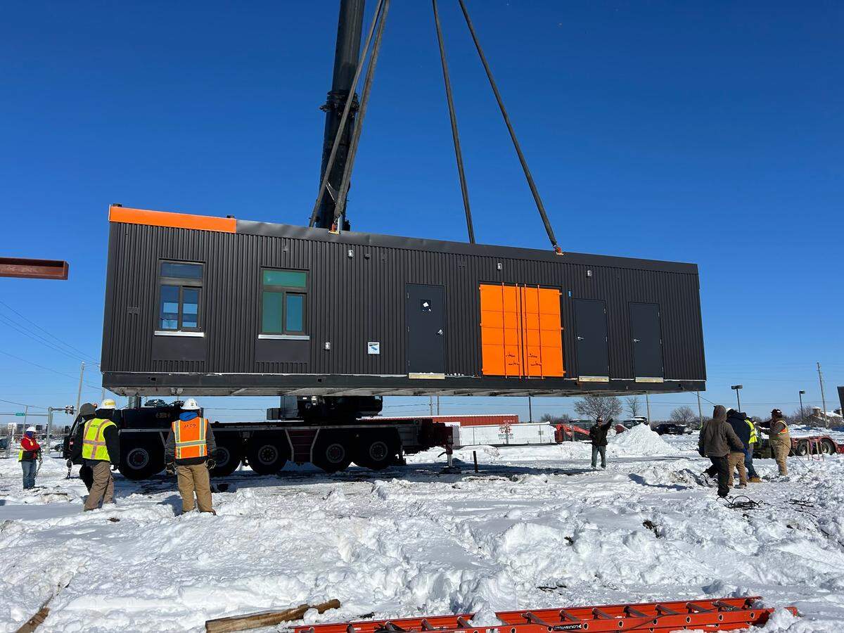 This black-and-orange container is where the Smalls Sliders restaurant operations will be at Plazzio. A second orange container on its roof will provide additional signage.