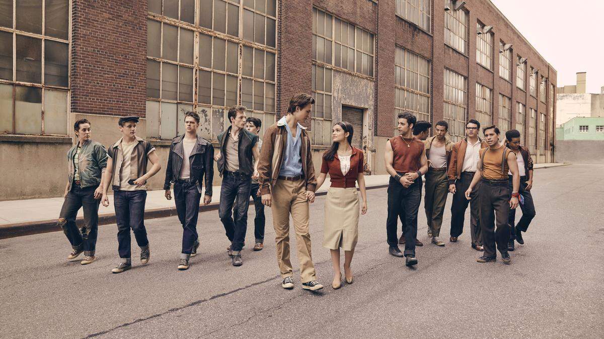 © 2019 Twentieth Century Fox Film Corporation.  All Rights Reserved.
Photo by Ramona Rosales.
Left to Right:
Anybodys (Ezra Menas), Mouthpiece (Ben Cook), Action (Sean Harrison Jones); Jets leader Riff (Mike Faist); Baby John (Patrick Higgins); Tony (Ansel Elgort) and Maria (Rachel Zegler); Maria’s brother and Sharks leader Bernardo (David Alvarez); and Sharks members Quique (Julius Anthony Rubio), Chago (Ricardo Zayas), Chino (Josh Andrés Rivera), Braulio (Sebastian Serra) and Pipo (Carlos Sánchez Falú)