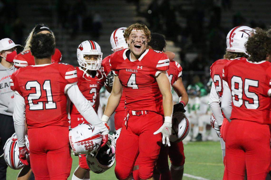 Maize receiver Justin Stephens celebrates the Eagles’ thrilling 36-35 victory over Derby in 2020.