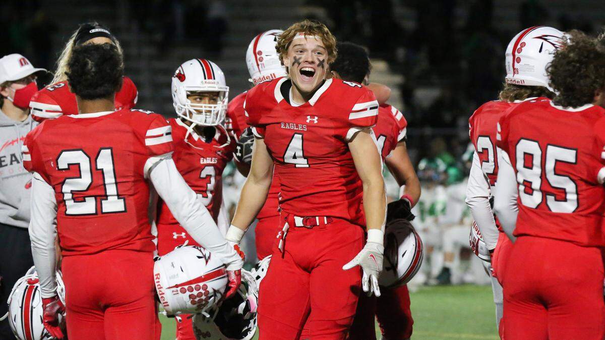 Maize receiver Justin Stephens celebrates the Eagles’ thrilling 36-35 victory over Derby on Friday.