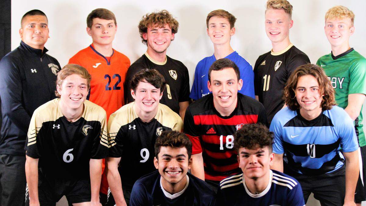 The 2019 Wichita Eagle All-Metro boys soccer team: Back row (left to right): Maize South coach Rey Ramirez, Rose Hill’s Trystan Spiess, Andover Central’s Jadyn Vossen, Kapaun Mt. Carmel’s Kevin Black, Andover Central’s Leyton Harper, Derby’s Matthew Young. Middle row: Maize South’s Jack Manske, Maize South’s Raul Gerhardus, Wichita Heights’ Emiliano Banuelos, Eisenhower’s Ethan Doud. Front row: Trinity Academy’s Kai Kan, Wichita East’s Ivan Quezada.