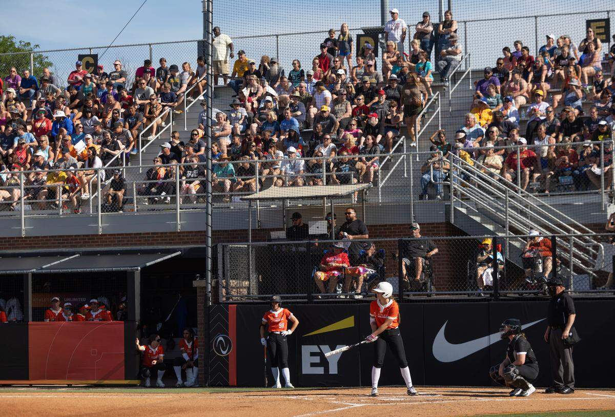 A sold-out crowd at Wilkins Stadium watched former Shocker All-American Sydney McKinney bat in the debut game of Athletes Unlimited Pro Softball AUX on Monday.