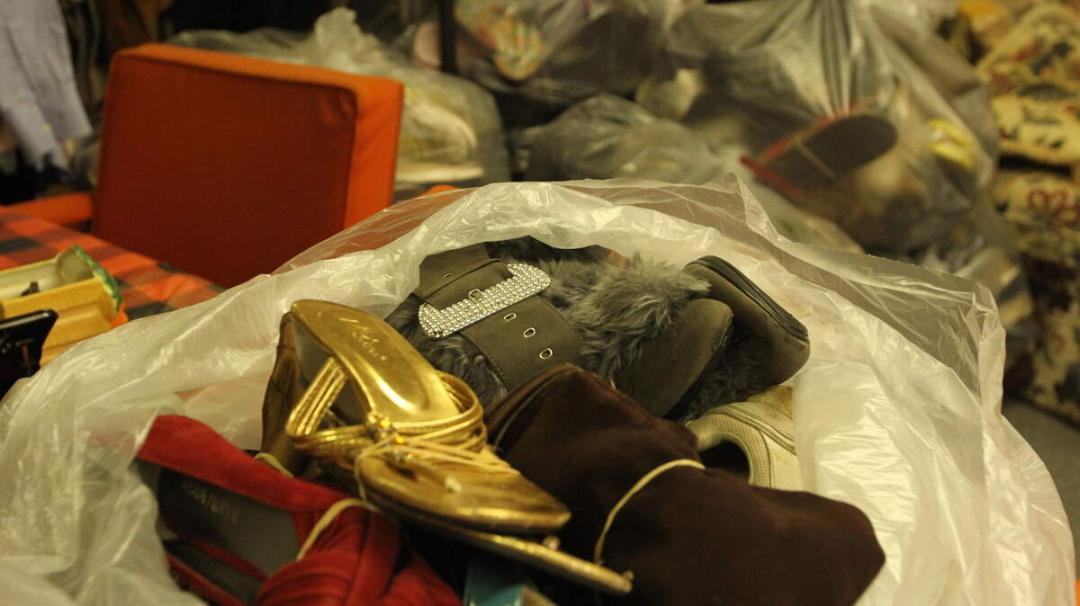 A bag of shoes sits ready to be collected at H.O.P.E.’s headquarters in east Wichita. The organization says they need to collect 100 or more bags of shoes by Oct. 22.