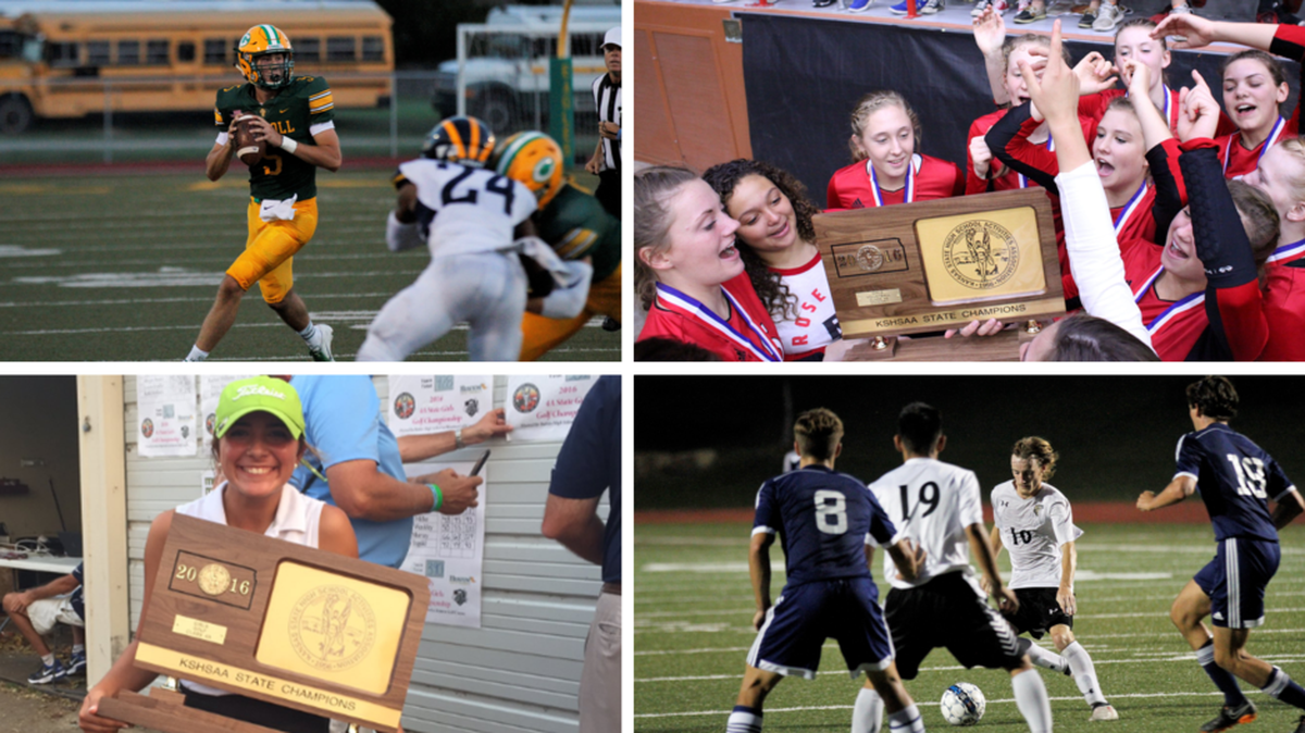 Carroll football’s Cade Becker (top left), Rose Hill volleyball (top right), Trinity Academy golf’s Madison Slayton (bottom left) and Maize South soccer’s David Bliss (bottom right)