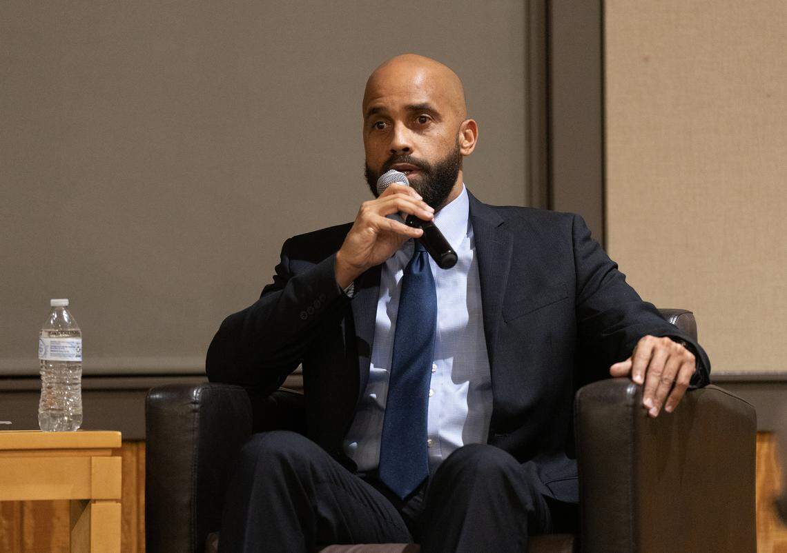 Donte Martin, one of three finalists to become Wichita’s next city manager, speaks at a public forum at Botanica.