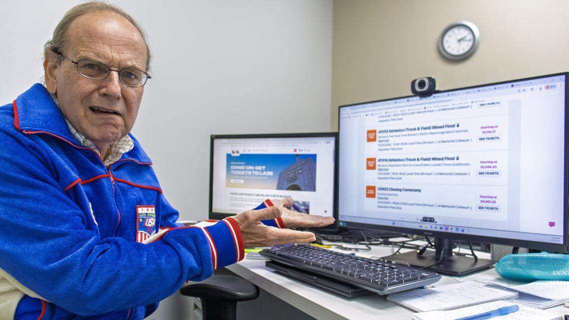 The author, rocking his official 1984 USA Olympic team jacket, shows his reaction to the availability and prices of 2028 Los Angeles Olympic tickets online.