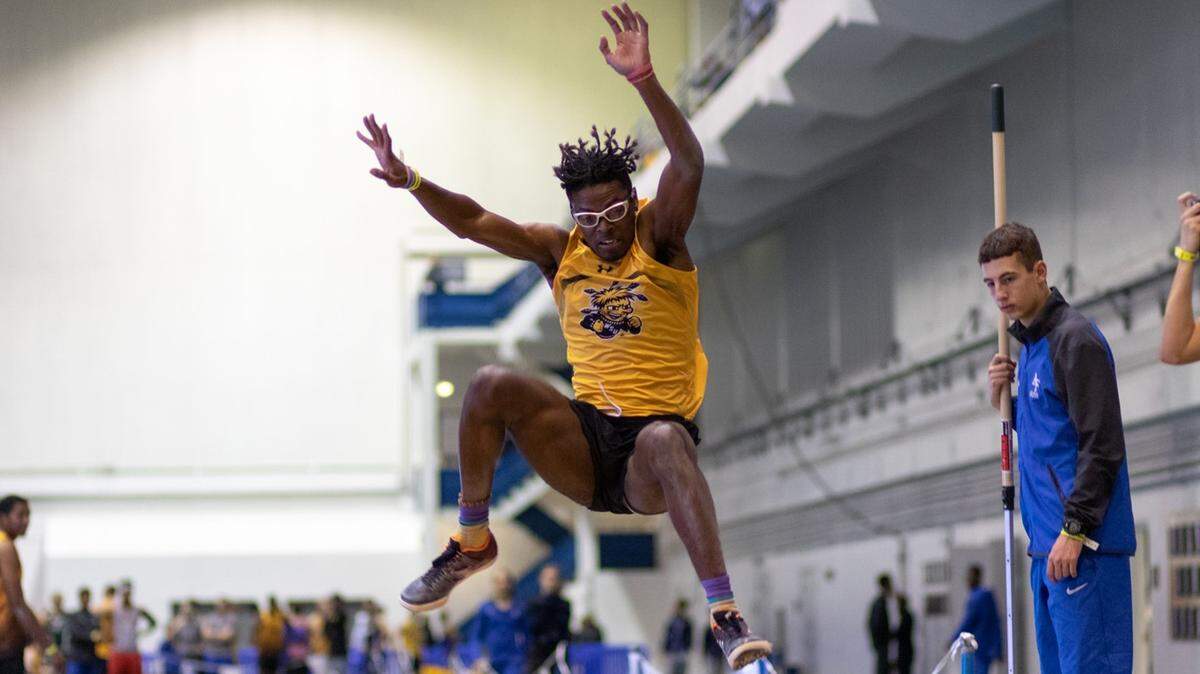 Wichita State sophomore Rayvon Allen competes in the long jump at the Air Force Invitational last weekend. Allen’s mark of 24 feet, 9.25 inches currently ranks third in the American Athletic Conference.