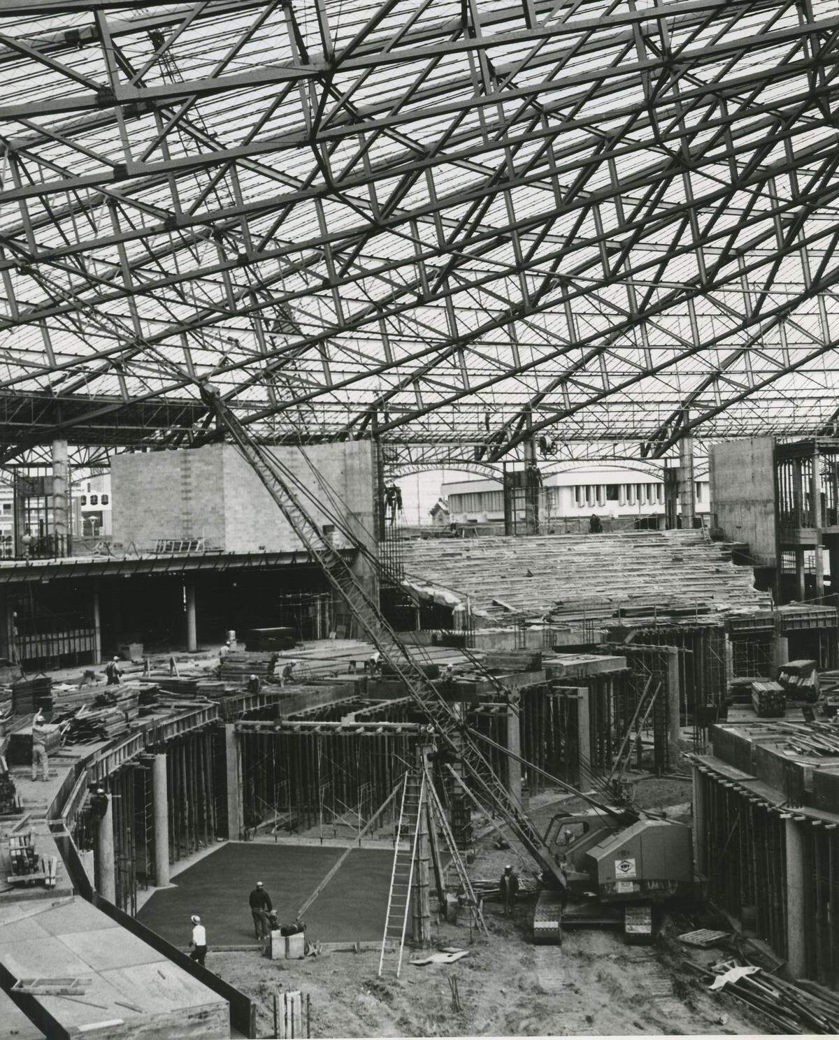 An inside view of Century II under construction in the 1960s.
