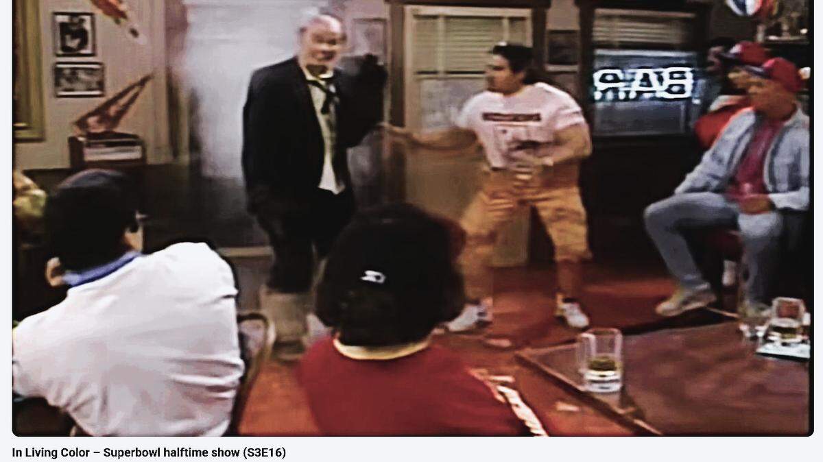Jim Carrey, as “Fire Marshall Bill,” destroys a Super Bowl watch party in the 1992 In Living Color alternative Super Bowl halftime show on Fox TV.