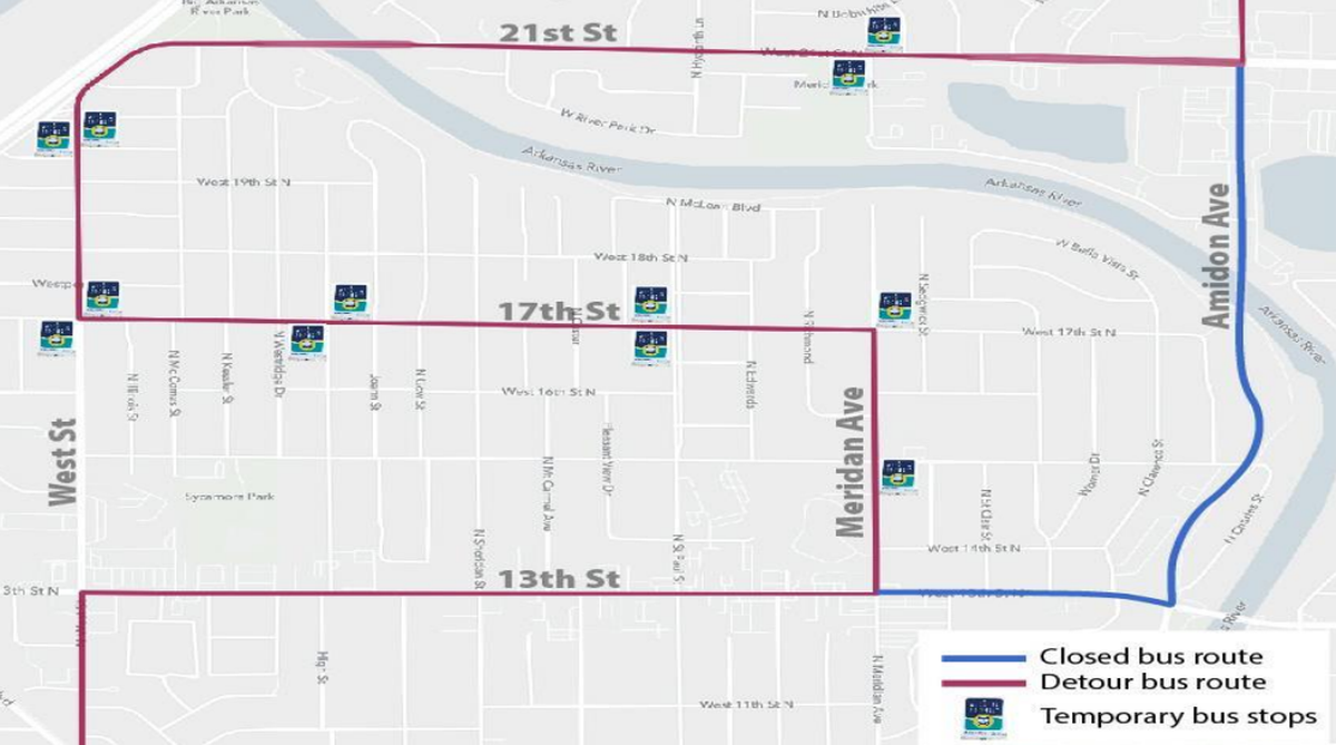 Map of the city bus detour planned for the Amidon Avenue Bridge closure.