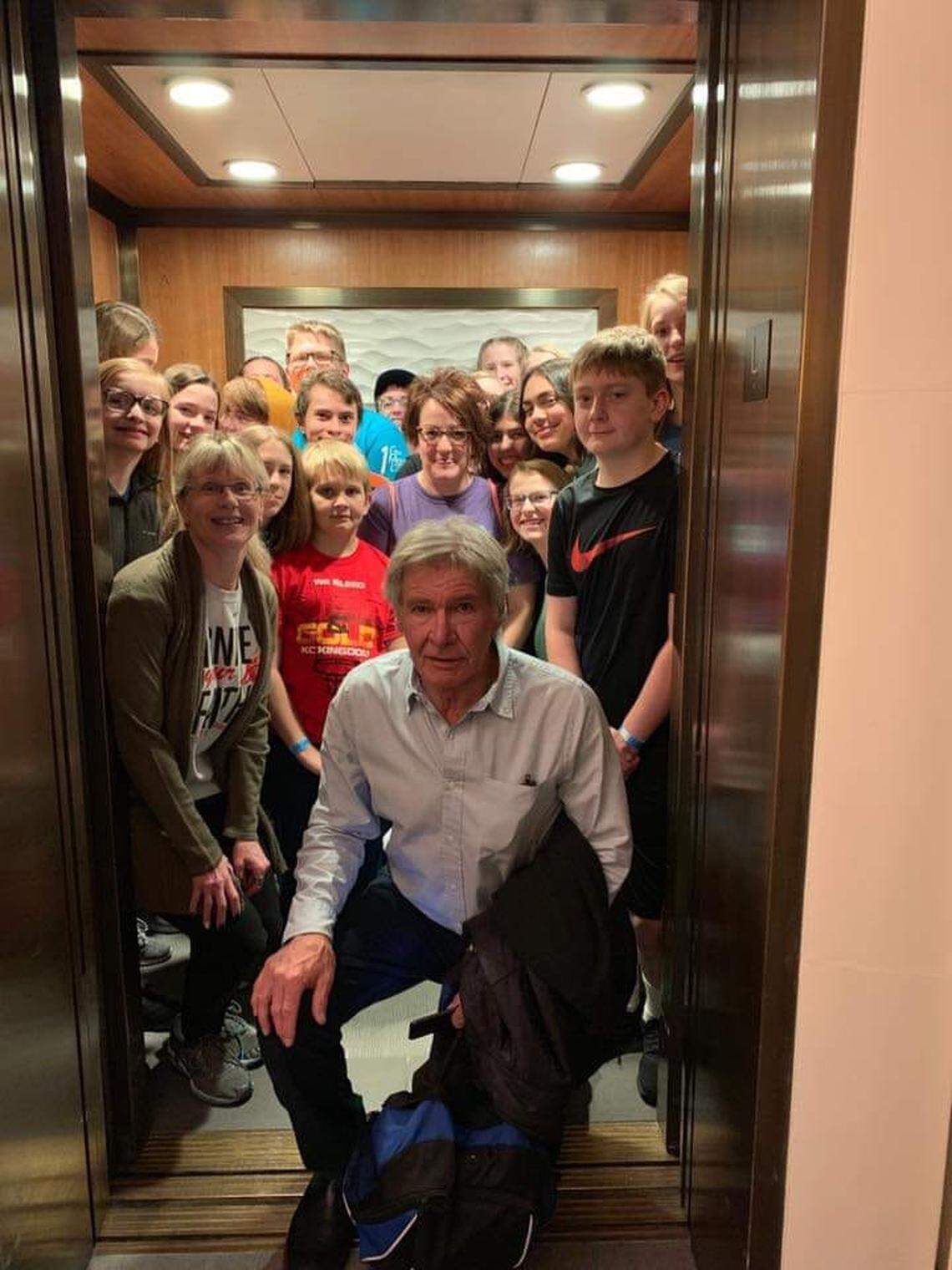 Harrison Ford posed with a group of school children at the downtown Hyatt during his 2019 visit to Wichita.