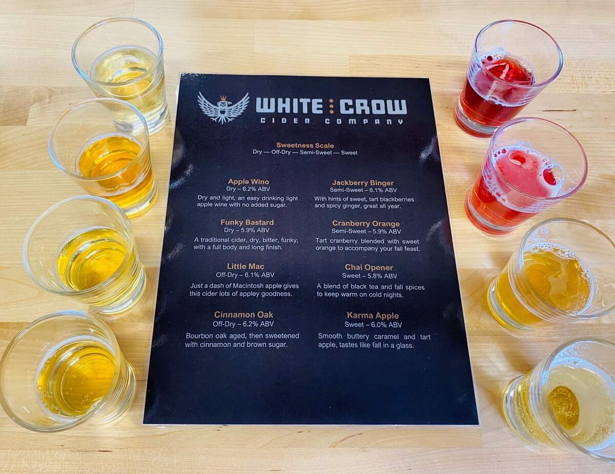 White Crow Cider Company serves up eight different varieties of hard cider, from dry to sweet.