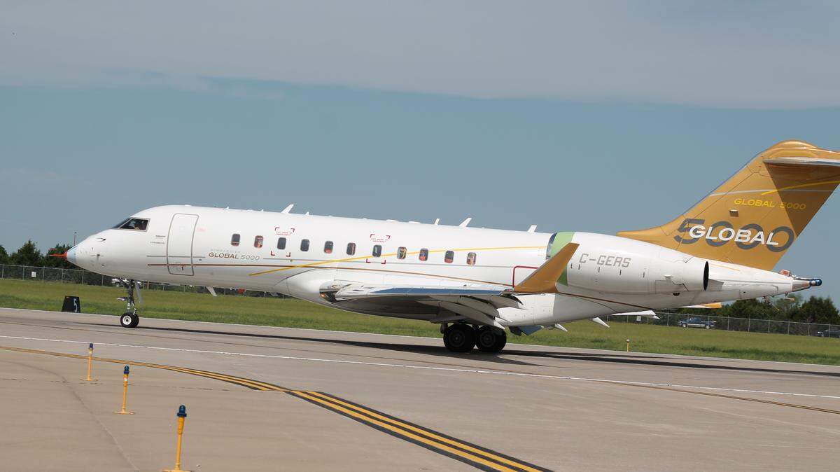 A Bombardier official confirmed Tuesday this Global business jet, seen here taxiing after landing Friday morning at Wichita Eisenhower National Airport, is a second Global 5500 "flight test bed." Bombardier over the weekend unveiled plans for two new variants, including the 5500. The company also plans to do the 5500's interior completions in Wichita. (May 25, 2018)