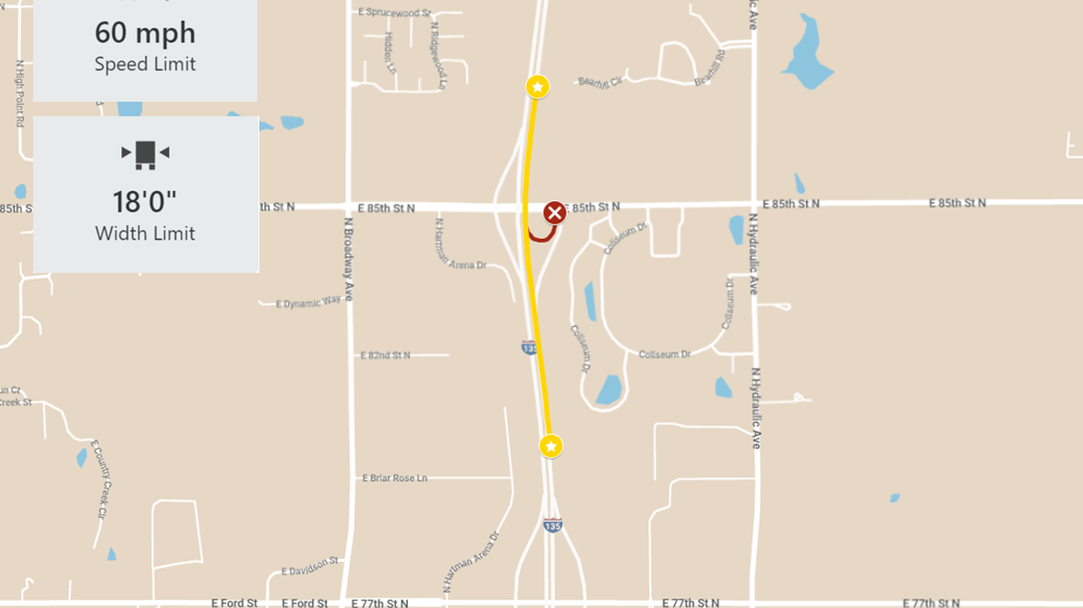 An area of I-135 north in Park City will be reduced to one lane, and the exit on 85th Street North will be closed, starting Monday until late September for construction on the bridge.