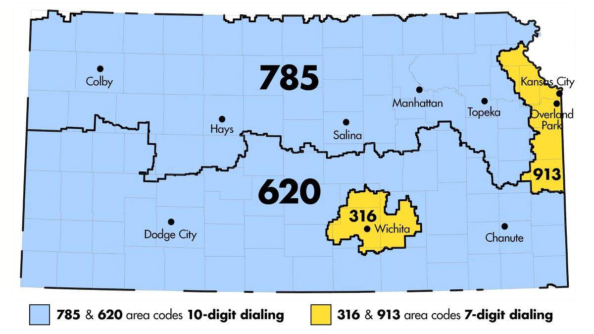 Phone users in the blue area will have to start using 10-digit dialing to complete local calls starting Sunday. The area codes in yellow are unaffected.
