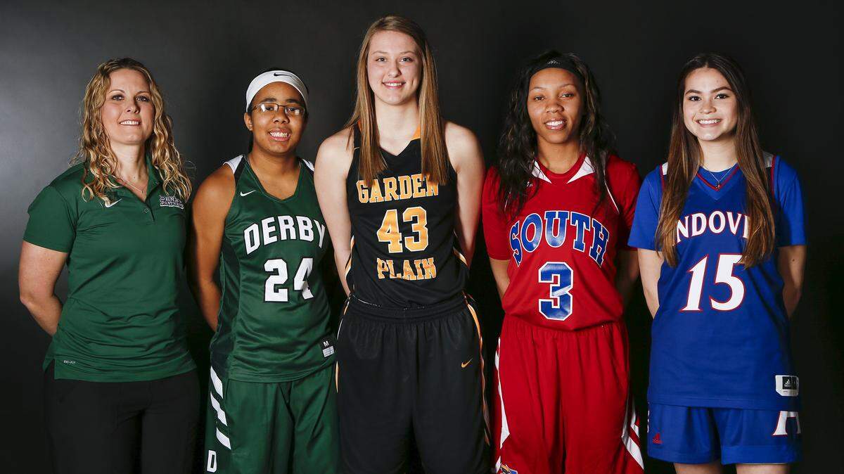 The Eagle’s 2018 All-Metro boys basketball team. Left to right, Derby coach Jodie Karsak, Derby's Tor'e Alford, Garden Plain's Taylor Joplin, South's Trezure Jobe and Andover's Shanti Henry. Not pictured: Derby's Kennedy Brown.