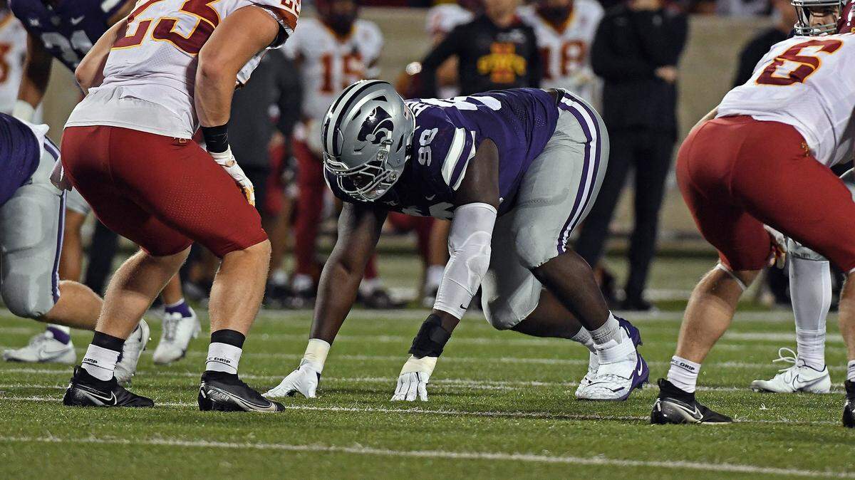 Kansas State defensive tackle Timmy Horne lines up during a football game against Iowa State at Bill Snyder Family Stadium.