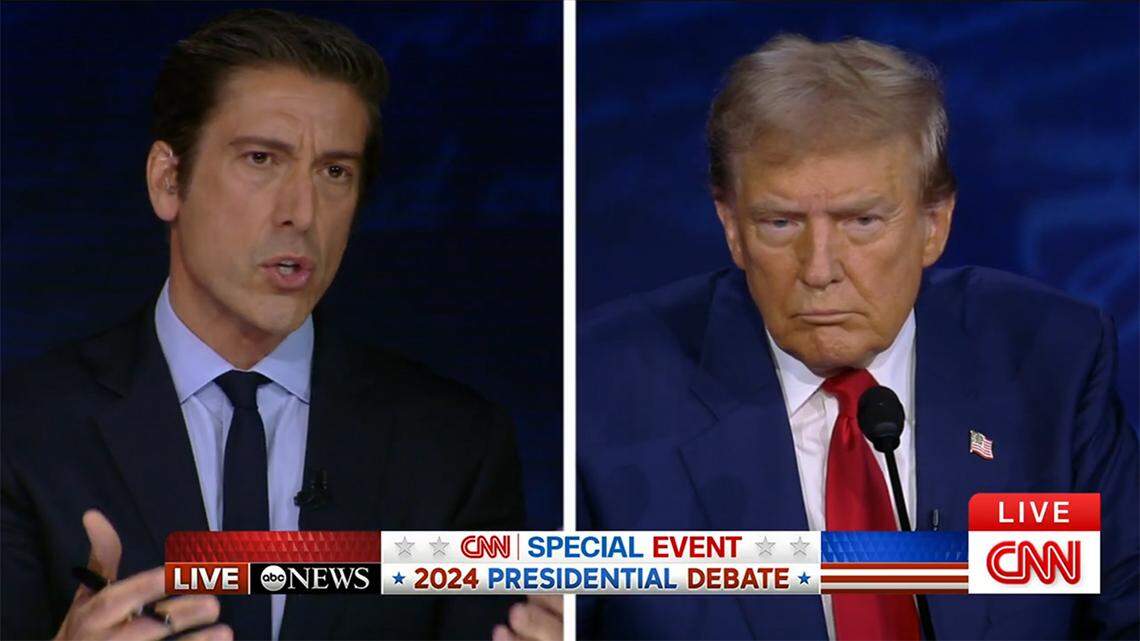 ABC News moderator David Muir and Donald Trump at the presidential debate on Sept. 10, 2024