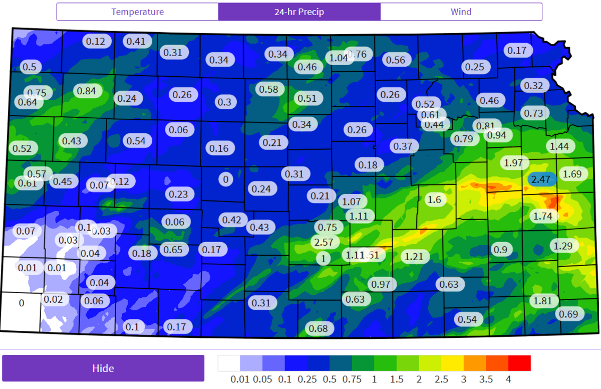 A look at rainfall around Kansas. The two weather stations in northern Sedgwick County, which appear on top of each other in this screenshot, show 1.11 inches three miles northeast of Mount Hope and 1.51 inches two miles south of Bentley.
