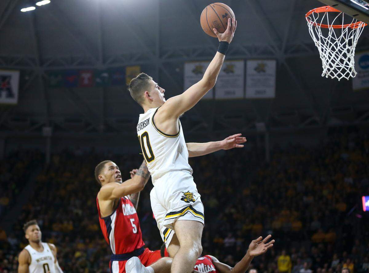 Wichita State’s Erik Stevenson, makes a layup against Ole Miss during the second half on Saturday at Koch Arena.