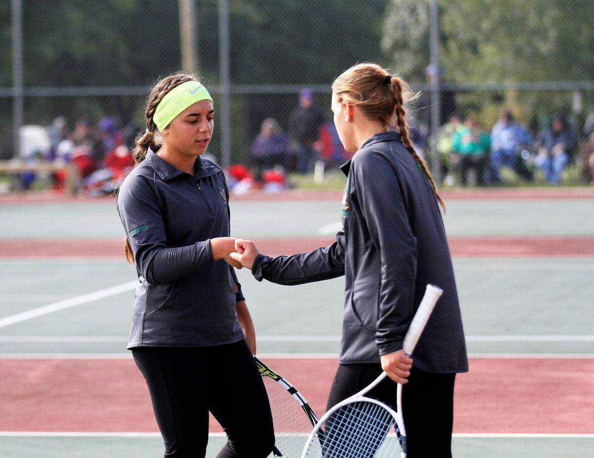 Bishop Carroll’s Lauren Steven (left) and Paige Stranghoner (right) came runners-up in doubles at the 2018 Kansas Class 5A state tournament. (Oct. 13, 2018)