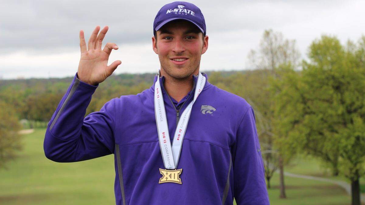 Kansas State golfer Jeremy Gandon celebrates his first-place finish at the Big 12 men's golf tournament. (Courtesy Photo: K-State athletics)