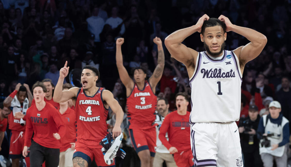 Kansas State’s Markquis Nowell reacts after Kansas State can’t get off a possible game-tying shot at the end of regulation against Florida Atlantic at Madison Square Garden on Saturday night.