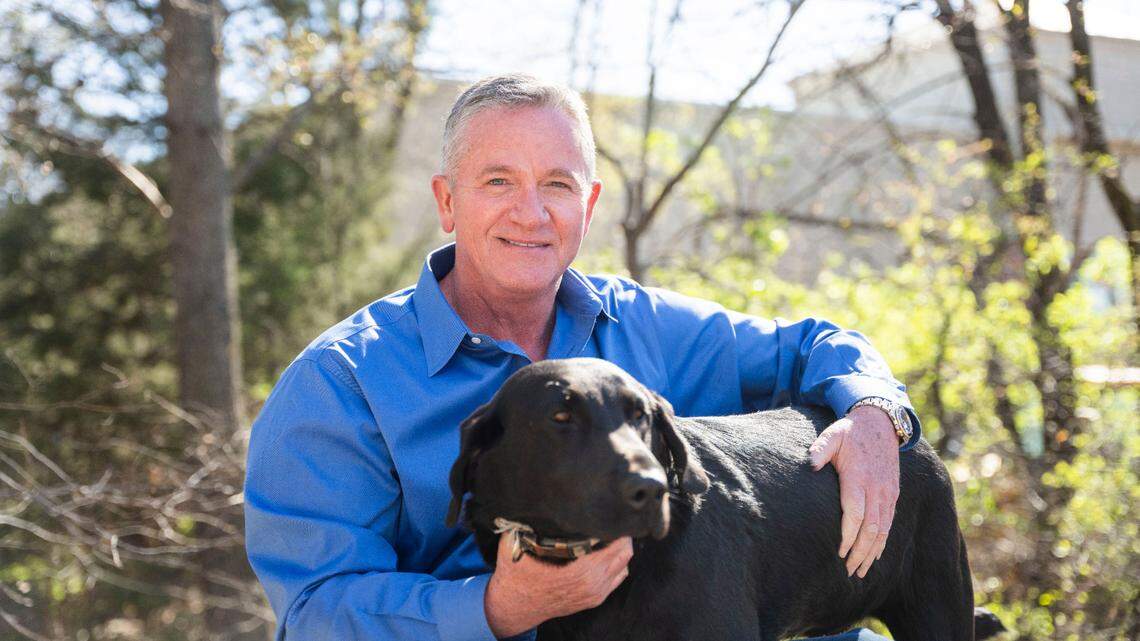 Wichita insurance executive Chock Chapple is one of 24 contestants on “The Golden Bachelorette,” which begins airing Sept. 18. He’s shown here with his dog, Super Tubbs.
