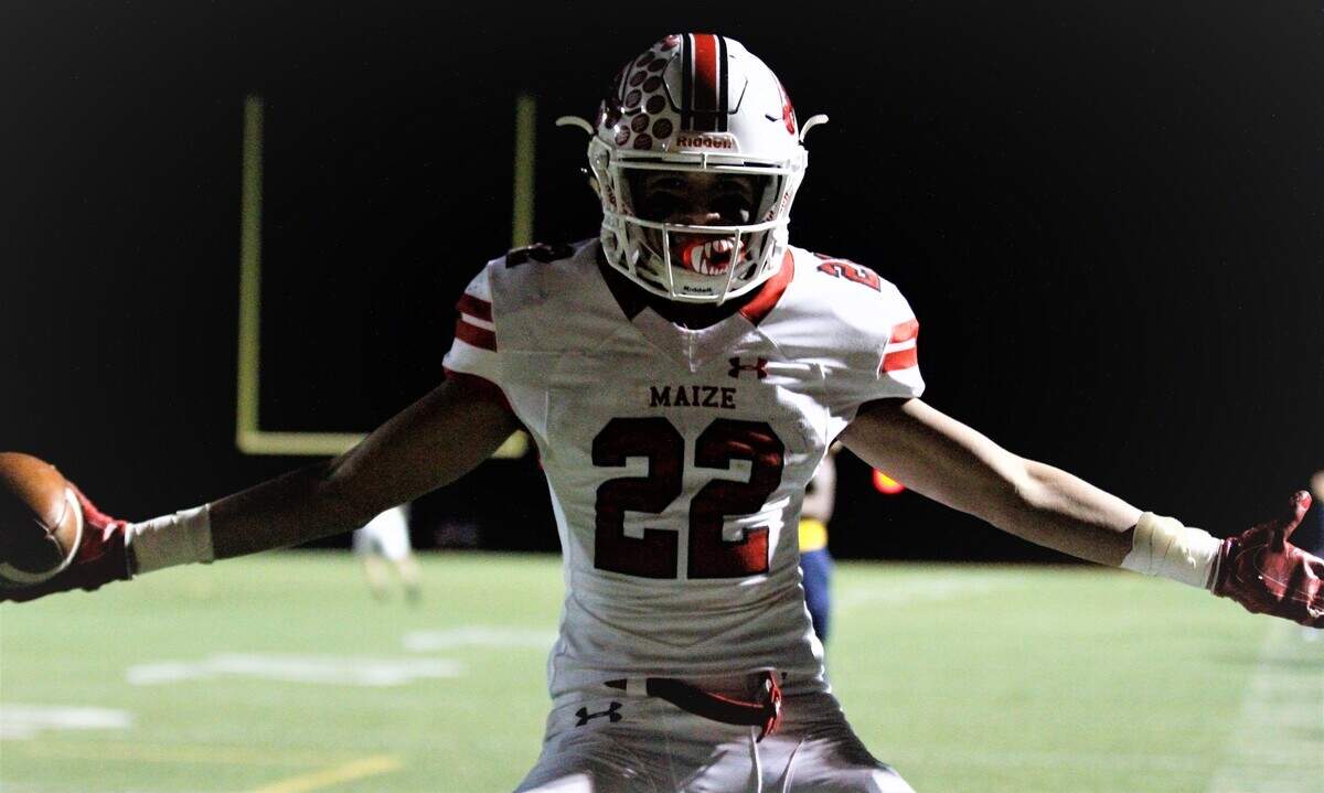 Preven Christon poses for the camera after one of his three scores in Maize’s state semifinal at Wichita Northwest on Friday. (Nov. 16, 2018)