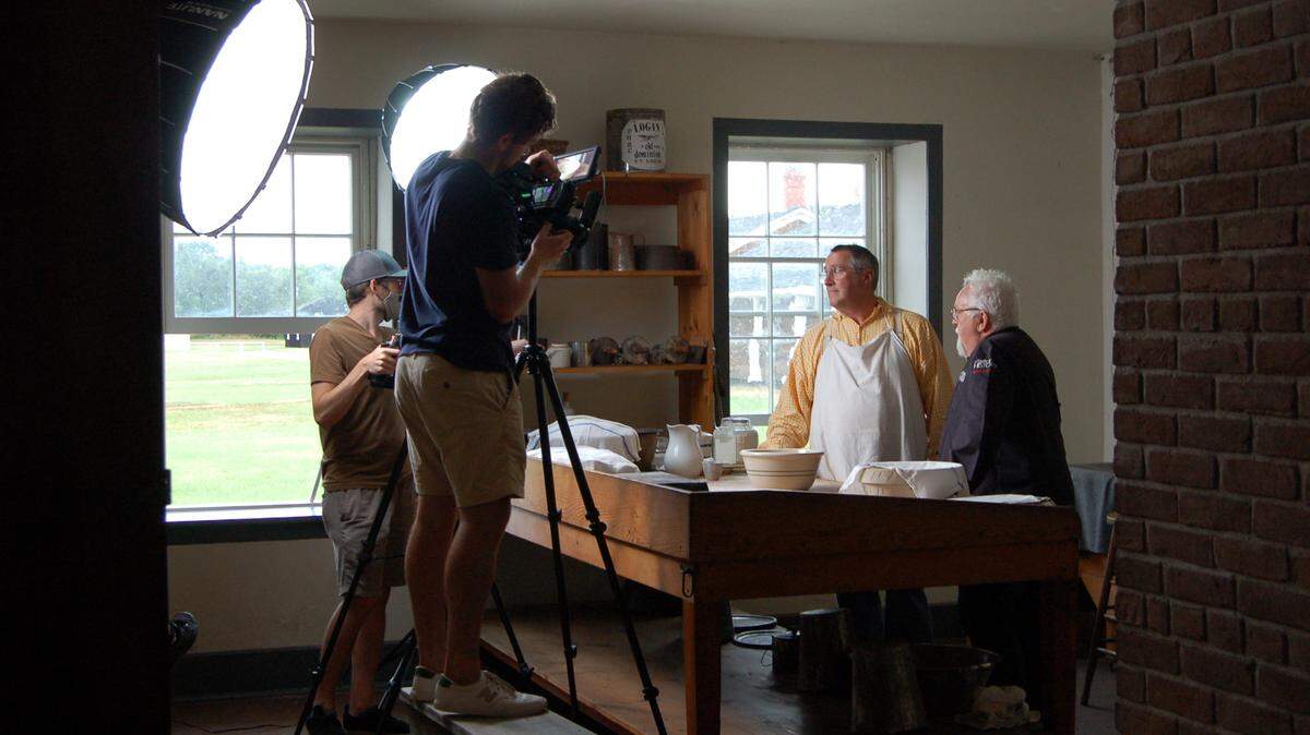 Crews film in Fort Larned on Sunday for a future episode of the show “A Taste of History.”