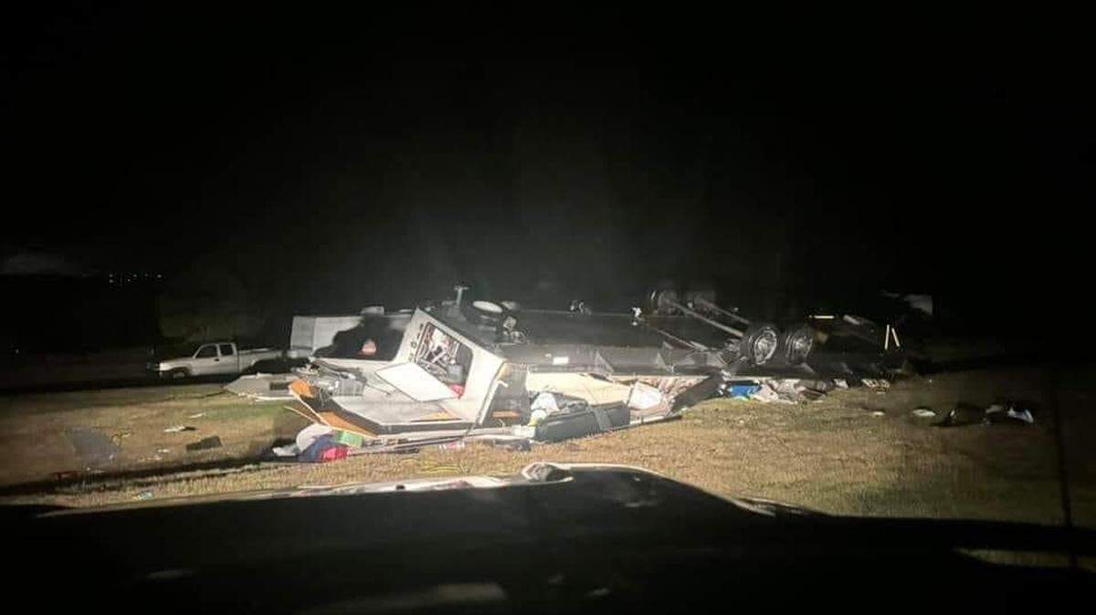 A camper sits overturned at Wilson State Park after thunderstorms with strong winds ripped through Russell County Wednesday night.