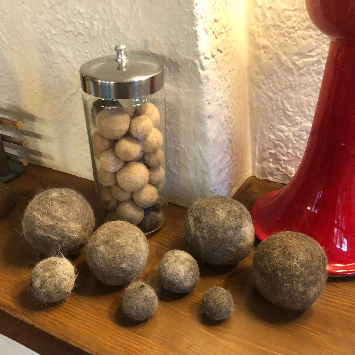 These felted balls made from cat hair are one of Larry Schwarm’s many collections.