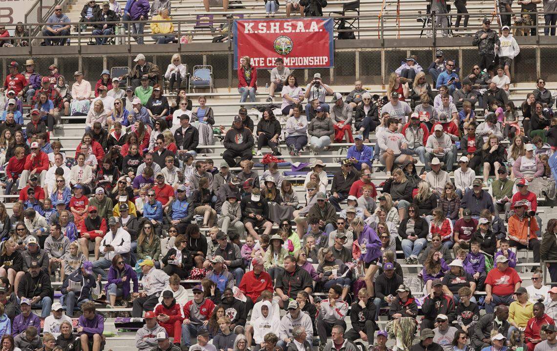 A large crowd gathered in the stands at Cessna Stadium to watch the third and final day of the Kansas high school state track and field meet. (May 28, 2021)