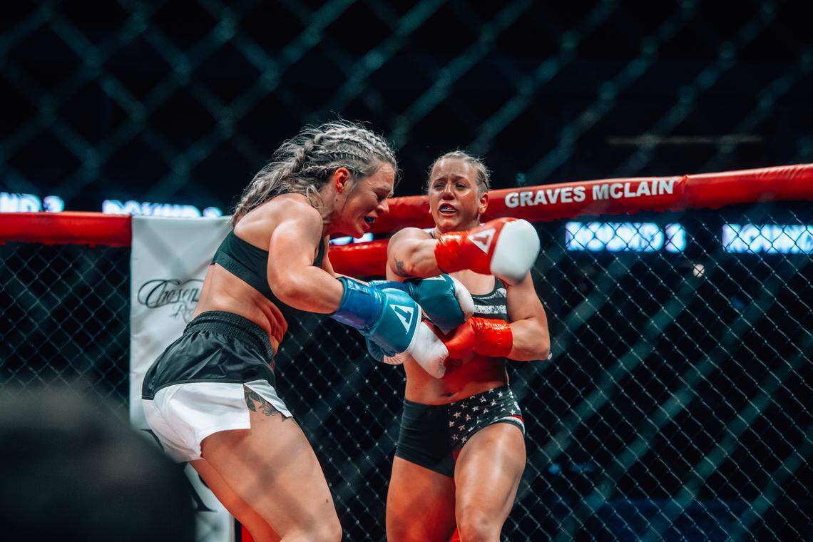 Lifelong gymnast Carlye Anderson, right, gave up the sport when she became a firefighter almost six years ago, but her new profession prompted her to try a new physical activity, boxing, and it’ll be on display this weekend.