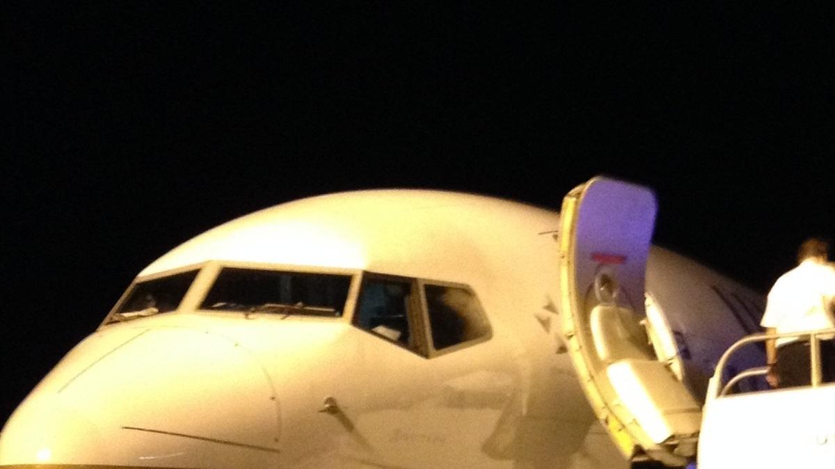 Passenger Susan Finkbeiner took this as passengers were exiting the United plane at about 10:30 p.m. Sunday night. (June 29, 2014)