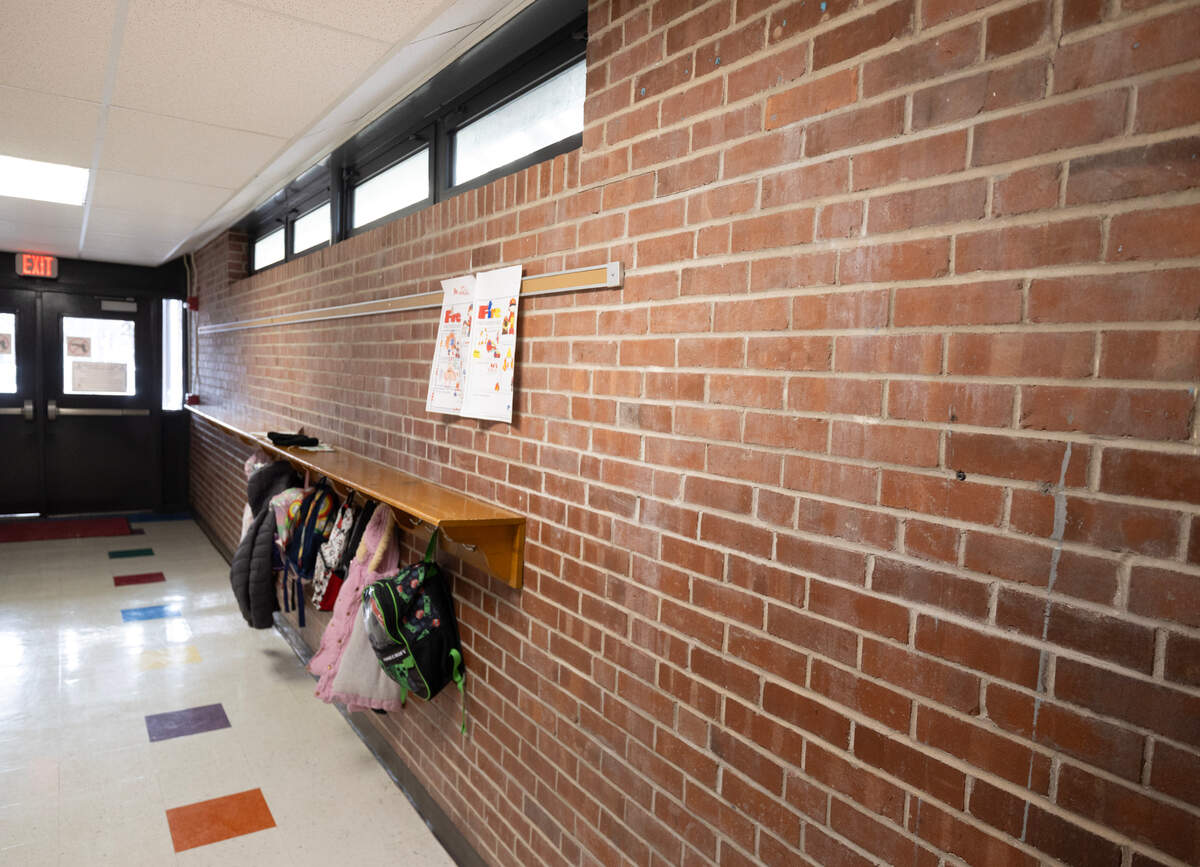 Years of water leaks have left water stains on interior brick walls at Caldwell Elementary School.