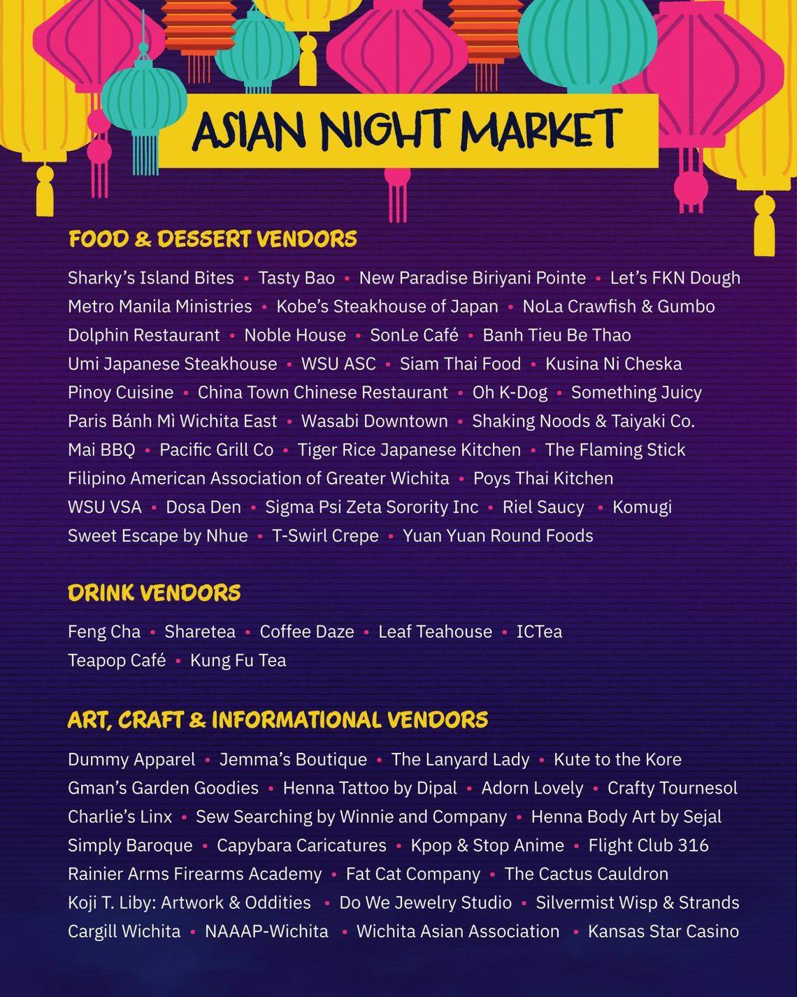 A list of Wichita vendors that will be at Saturday’s Wichita Asian Night Market at Equity Bank Park