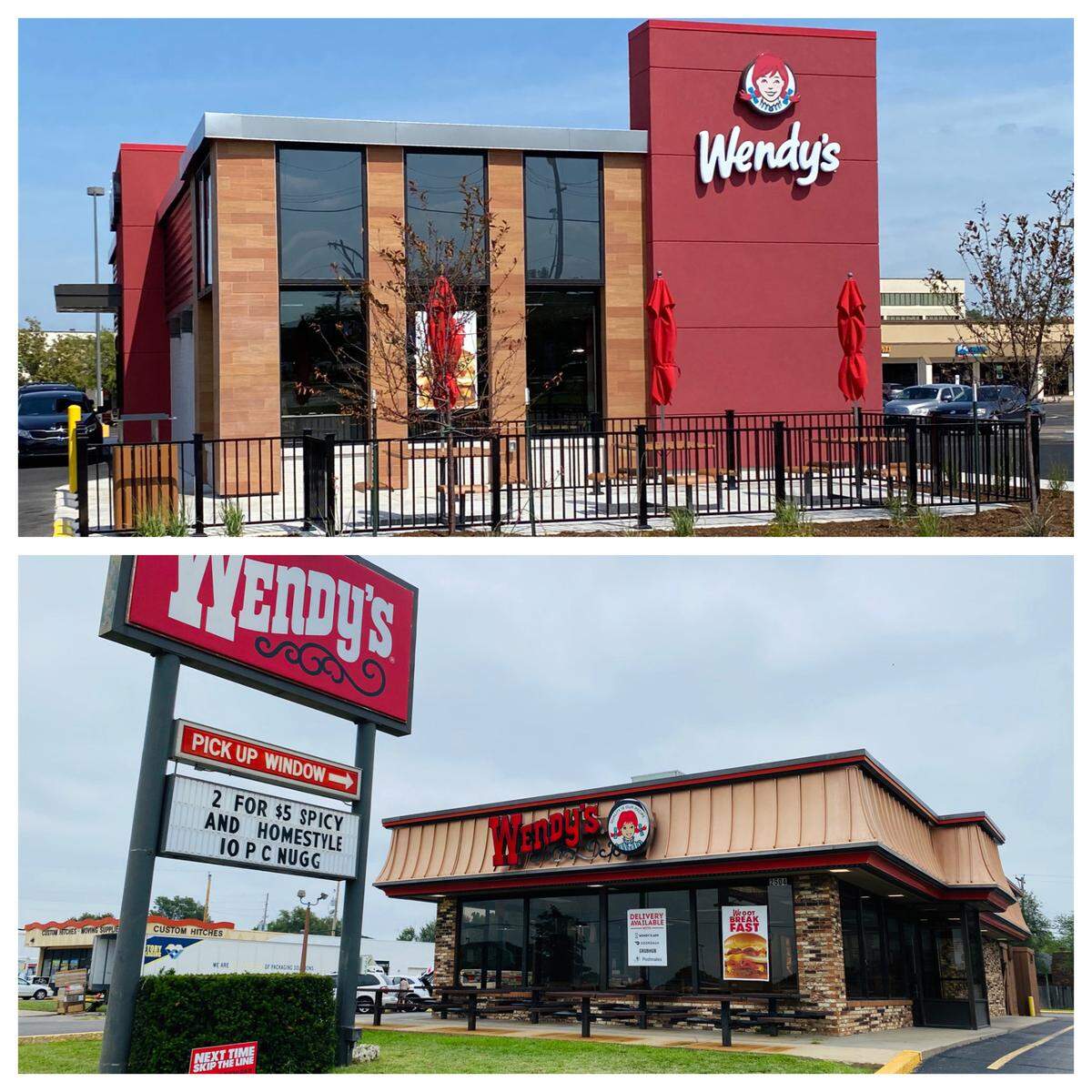 Above, a more modern look for Wendy’s fast-food restaurants has arrived in Wichita, including at a remodeled restaurant at 21st and Woodlawn. Below: The old look.
